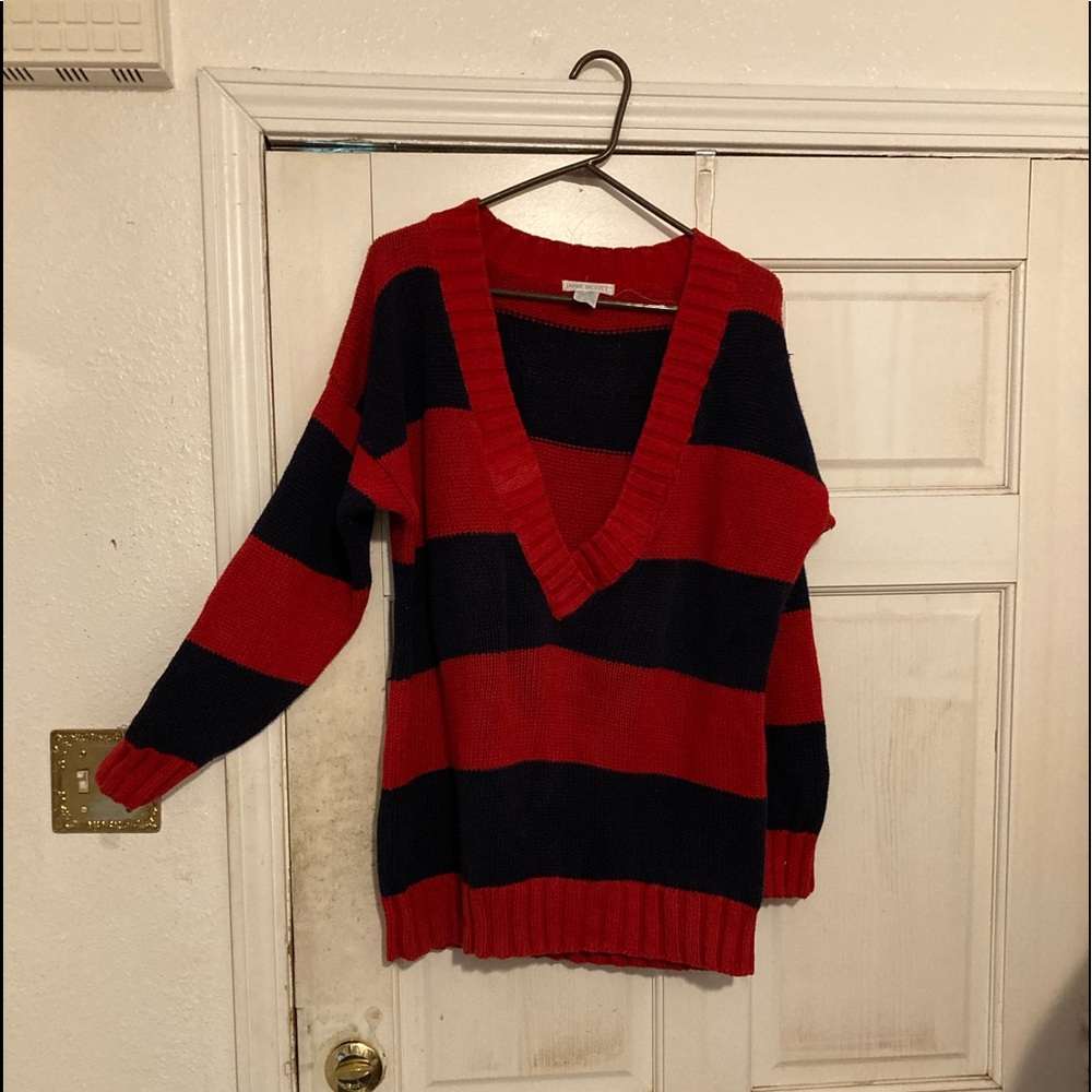 Deep Vee Neck Sweater, Red and Navy Wide Stripes.